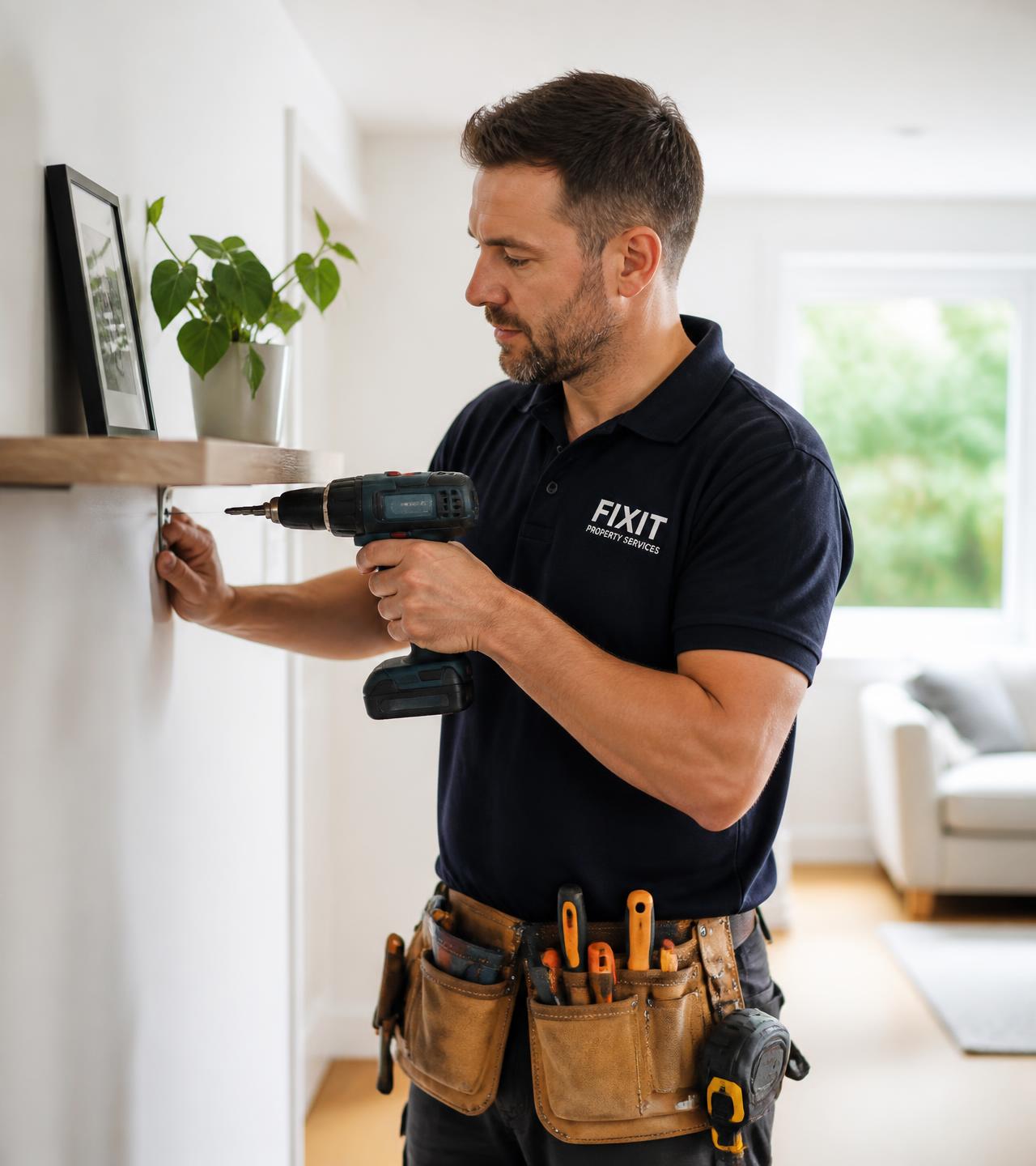 Professional handyman mounting a shelf with a cordless drill in a bright home interior